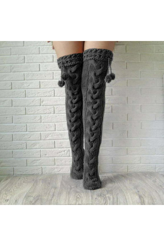 Womens Cable Knitted Stockings Socks Thigh-High Wool Thermal Warm Over the Knee Casual Solid Long Winter Boot Sock