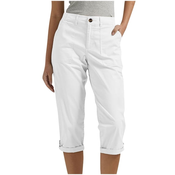 Womens Cago Pants with Pockets Elastic Waist Casual Button Solid Fashion Shorts Pants
