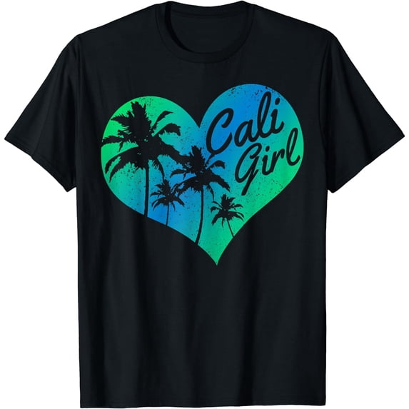 Womens Cali Girl Vintage California Heart Palm Trees Summer T-Shirt Black Medium