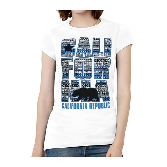 Womens California Republic Blue Tribal Pattern Black T-Shirt - White - Small