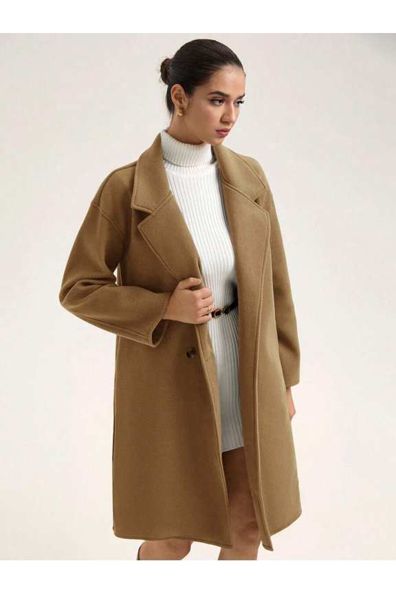 Womens Camel Mid-Length Wool Blend Overcoat, Minimalist Lapel Autumn