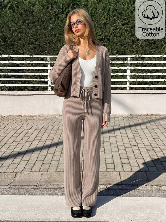 Womens Camel Ribbed Knit Two-Piece Sweater Set With Button Cardigan