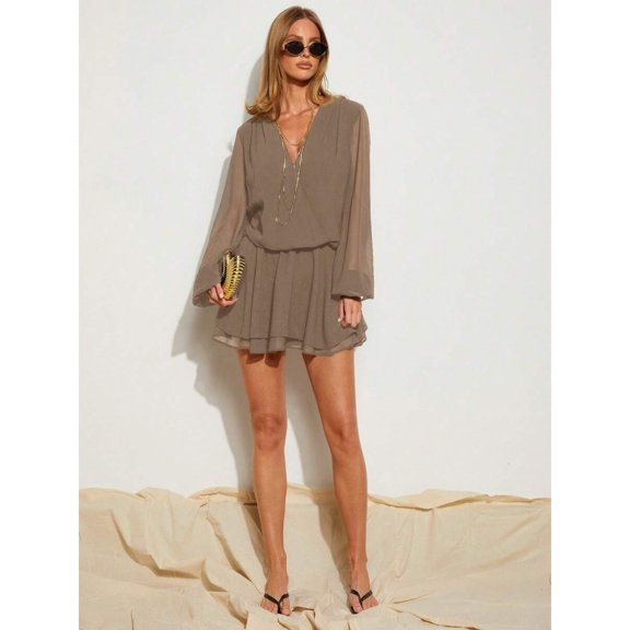 Womens Camel Solid V-Neck Long Sleeve Mini Dress, Boho Style Flowy Tunic Dress
