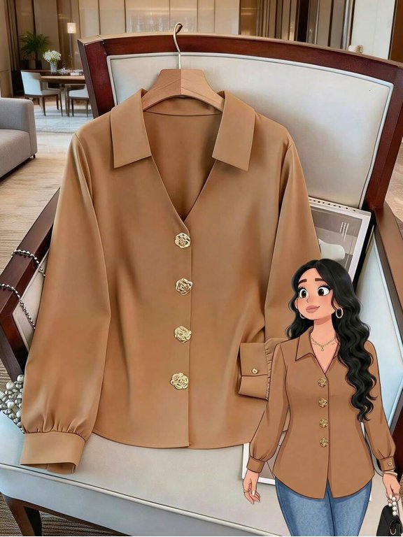 Womens Camel V-Neck Long Sleeve Elegant Rose Gold Rose Button Blouse