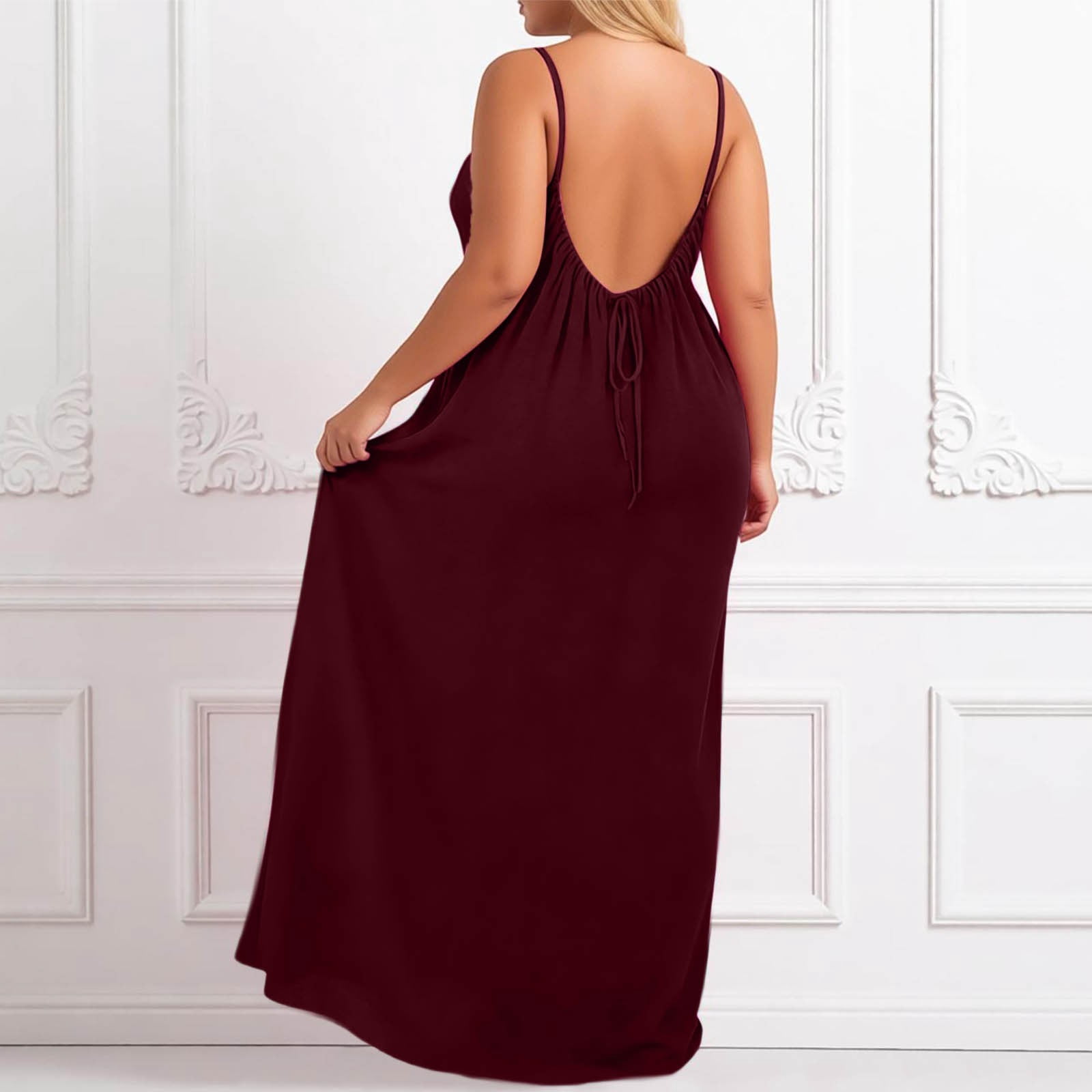 backless dress for plus size women Womens Cami Lounge Dress Backless Plus Size Solid Color Sleeveless Maxi Dresses Loose Casual Housecoats for Women M
