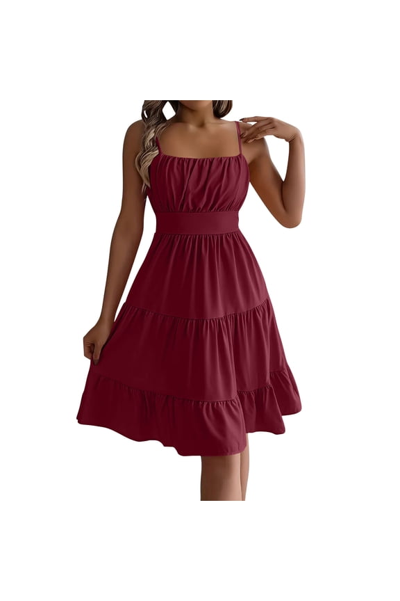 Womens Cami Mini Dress Pleated Casual A Line Swing Sundress Summer Sleeveless Spaghetti Strap Ruffle Hem Short Dresses