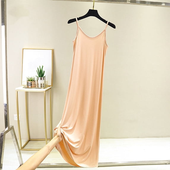 Womens Cami Nightgowns Soft Spaghetti Strap V Neck Full Slip Long Sleep Dress Loose Comfortable Sleepshirts Beige M