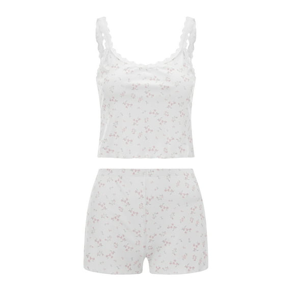 Womens Cami Pajama Set Sexy Shorts Sets Bow/Flower/Heart Print Camisole and Shorts Summer 2 Piece