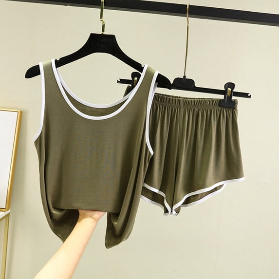 Womens Cami Pajama Set Summer Cami Shorts Sleeve Shorts 2 Piece Set Suit Home Clothes Pj Set Army Green M
