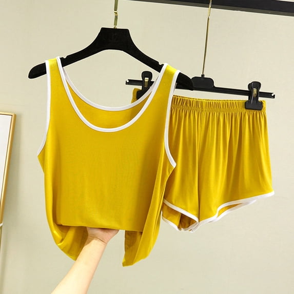 Womens Cami Pajama Set Summer Cami Shorts Sleeve Shorts 2 Piece Set Suit Home Clothes Pj Set Yellow XL