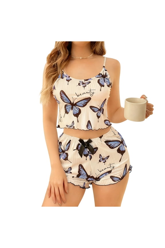 Womens Cami Pajama Sets 2 Piece Cute Heart Print Ribbed Pjs Soft Cami Top & Shorts Valentine's Day Lounge Set