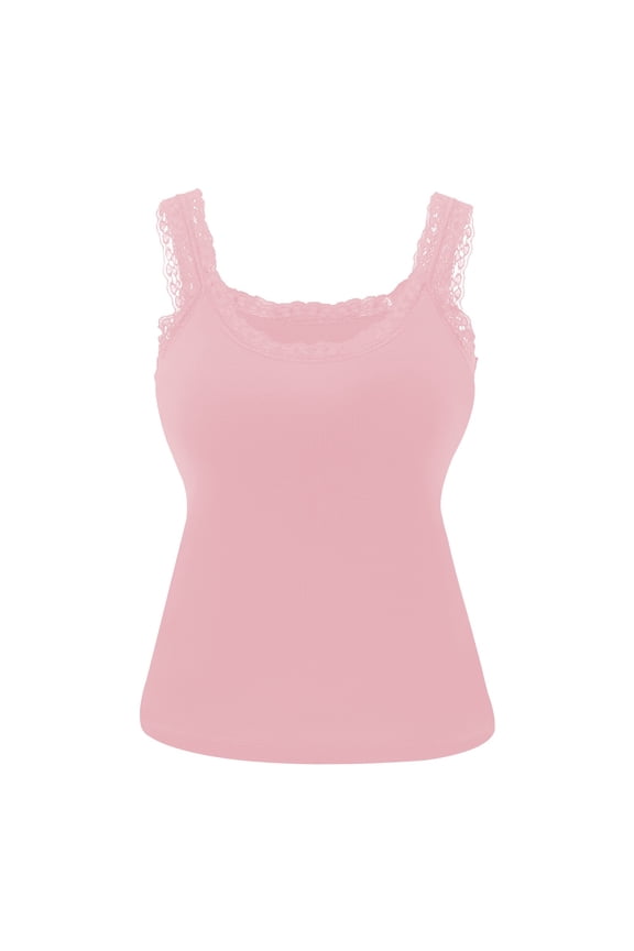 Womens Cami Tops with Lace Trim, Tank Tops with Built in Bras, Ribbed Knit Stretch Soft Sleeveless Casual Shirts (XL, Pink)