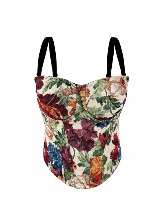 Womens Camisole Corsets Vintage Floral Zipper Corset Tops Overbust Push Up Retro Party Going Out Tops Beige, L