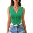 thumbnail image 1 of Womens Camisole Lace Trimmed Slim Fit Button Front Tank Top Back Detail Solid Color Green XS, 1 of 5