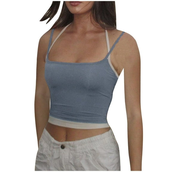 Womens Camisole Tank Tops Sevevn Women's Summer Casual Sleeveless Square Neck Contrast Double Lined Trendy Going Out Camisole Crop Tank Tops
