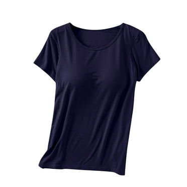 Womens Camisole Tops Plus Size Modal Padded Round Neck Short-Sleeve T-Shirt Blouse Built-in Bra Ladies Loose Plain Tops Soft Pajamas Casual Undershirt Sleepwear