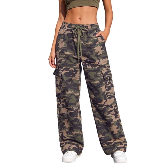 Womens Camo Cargo Pants High Waist Wide Leg Casual Trousers with Multiple Pockets for Streetwear