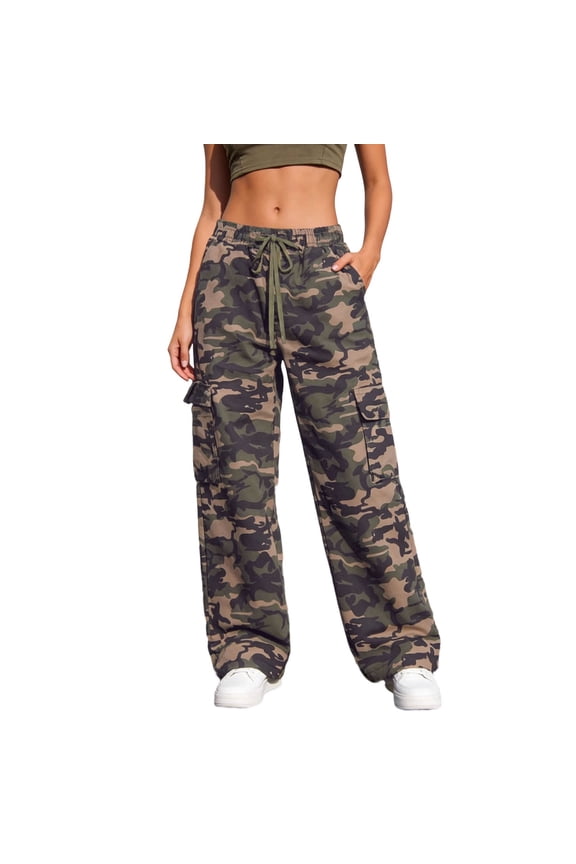 Womens Camo Cargo Pants High Waist Wide Leg Casual Trousers with Multiple Pockets for Streetwear