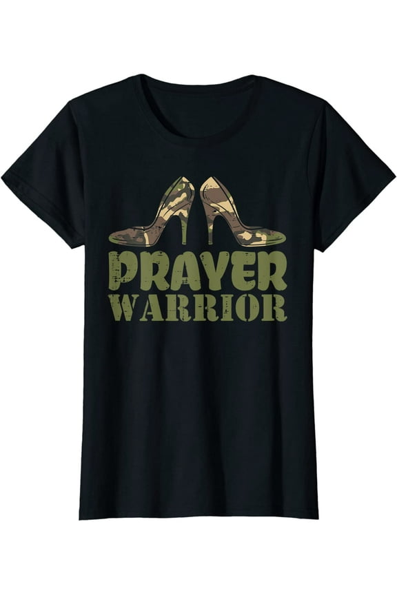 Womens Camo Heels Prayer Warrior Faith God Jesus Christian Women T-Shirt
