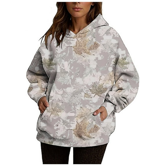 Womens Camo Hoodies Fashion Casual Maple Leaf Print Oversized Hooded Long Sleeve Pullover Sweatshirts With Pocket Dark Gray S