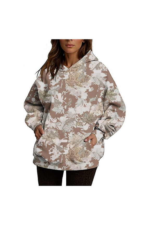 Womens Camo Hoodies Fashion Casual Maple Leaf Print Oversized Hooded Long Sleeve Pullover Sweatshirts With Pocket Wine L