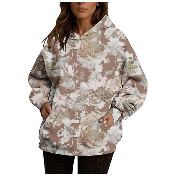 Womens Camo Hoodies Fashion Casual Maple Leaf Print Oversized Hooded Long Sleeve Pullover Sweatshirts With Pocket Wine S