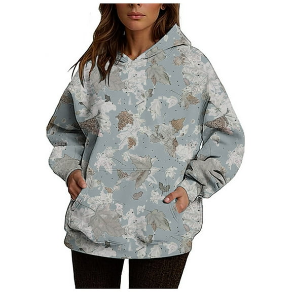 Womens Camo Hoodies Fashion Maple Leaf Print Oversized Hooded Sweatshirt Fleece Pullover Sweatshirts Long Sleeve Drawstring With Pocket Blue S