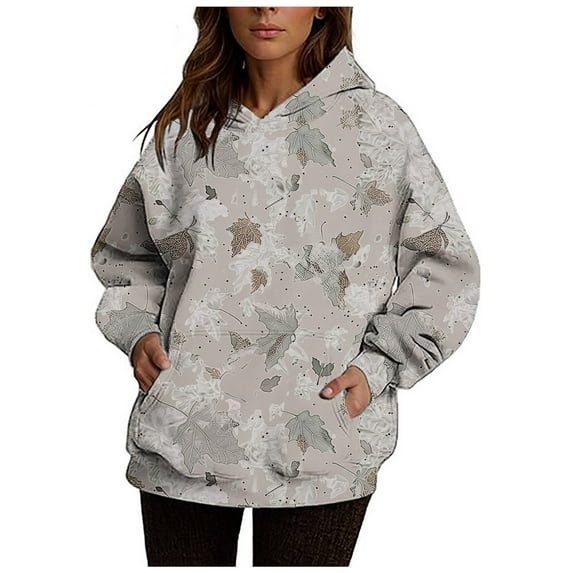 Womens Camo Hoodies Fashion Maple Leaf Print Oversized Hooded Sweatshirt Fleece Pullover Sweatshirts Long Sleeve Drawstring With Pocket Gray L