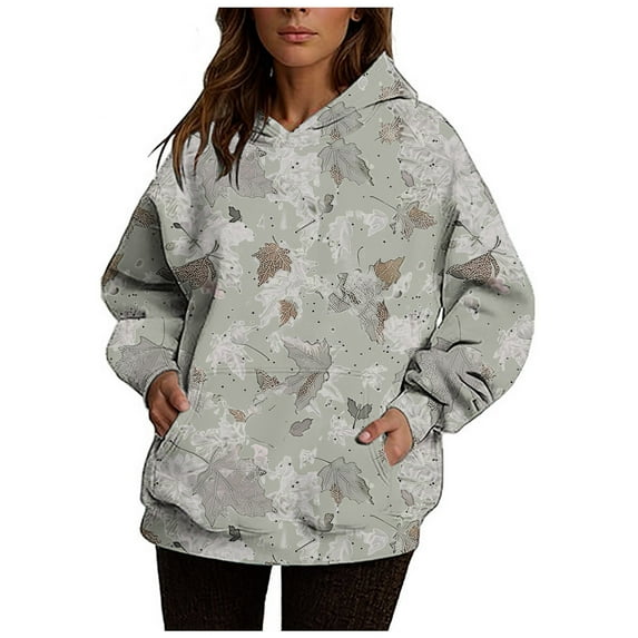 Womens Camo Hoodies Fashion Maple Leaf Print Oversized Hooded Sweatshirt Fleece Pullover Sweatshirts Long Sleeve Drawstring With Pocket Green M