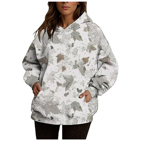 Womens Camo Hoodies Fashion Maple Leaf Print Oversized Hooded Sweatshirt Fleece Pullover Sweatshirts Long Sleeve Drawstring With Pocket White XL