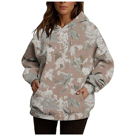 Womens Camo Hoodies Fashion Maple Leaf Print Oversized Hooded Sweatshirt Fleece Pullover Sweatshirts Long Sleeve Drawstring With Pocket Wine S