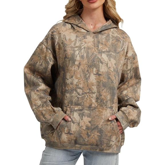 Womens Camo Hoodies Maple Leaf Print Oversized Hooded Sweatshirt Fleece Pullover Sweatshirts Long Sleeve with Pocket