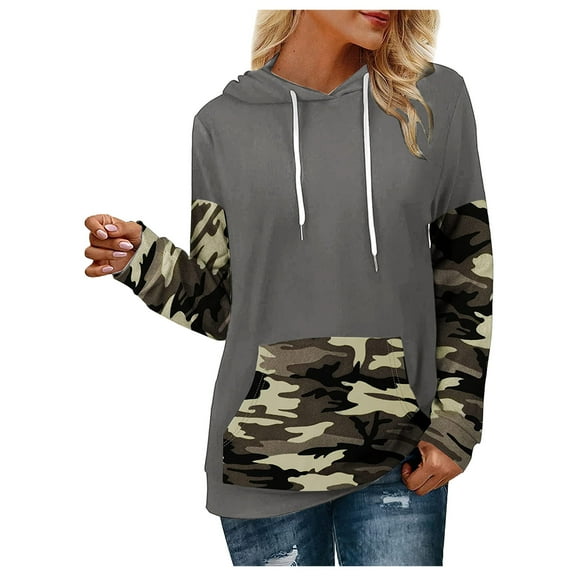 Womens Camo Hoodies Maple Leaf Print Oversized Hooded Sweatshirt Long Sleeve Pullover Sweatshirts Grey M