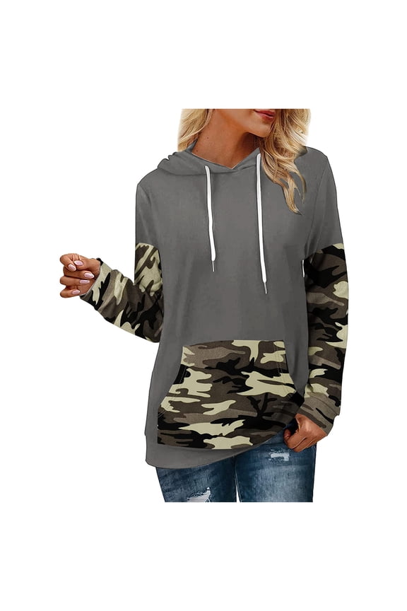 Womens Camo Hoodies Maple Leaf Print Oversized Hooded Sweatshirt Long Sleeve Pullover Sweatshirts Grey M