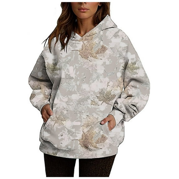 Womens Camo Hoodies Maple Leaf Print Oversized Long Sleeve Fall Hooded Sweatshirt Pullover with Kangaroo Pocket