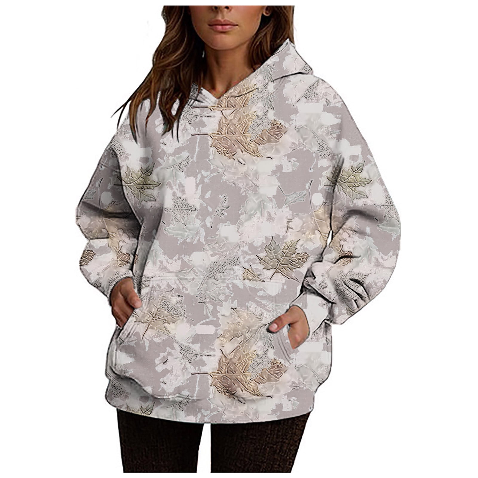 Goindgs Womens Camo Hoodies Maple Leaf Print Oversized Long Sleeve Hooded Sweatshirt Casual Loose Camo Tops With Kangaroo Pocket Z1 Coffee Xs - View #6