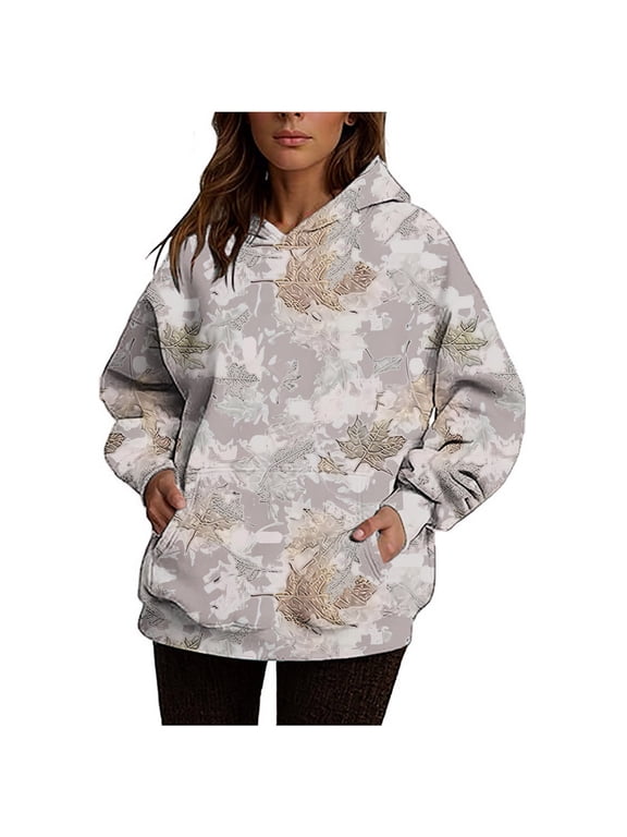 Womens Camo Hoodies Maple Leaf Print Oversized Long Sleeve Fall Hooded Sweatshirt Pullover with Kangaroo Pocket