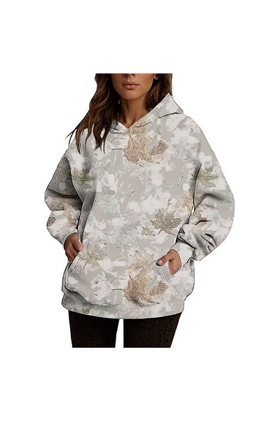Womens Camo Hoodies Maple Leaf Print Oversized Long Sleeve Hooded Sweatshirt Casual Loose Tops with Kangaroo Pocket