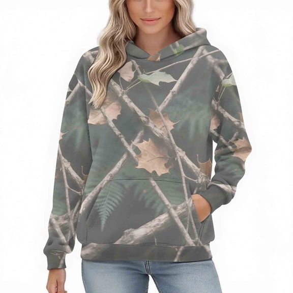 Womens Camo Hoodies Oversized Maple Leaf Fleece Pullover Sweatshirts Long Sleeve Unisex Mens Shirts Tops, L Camouflage