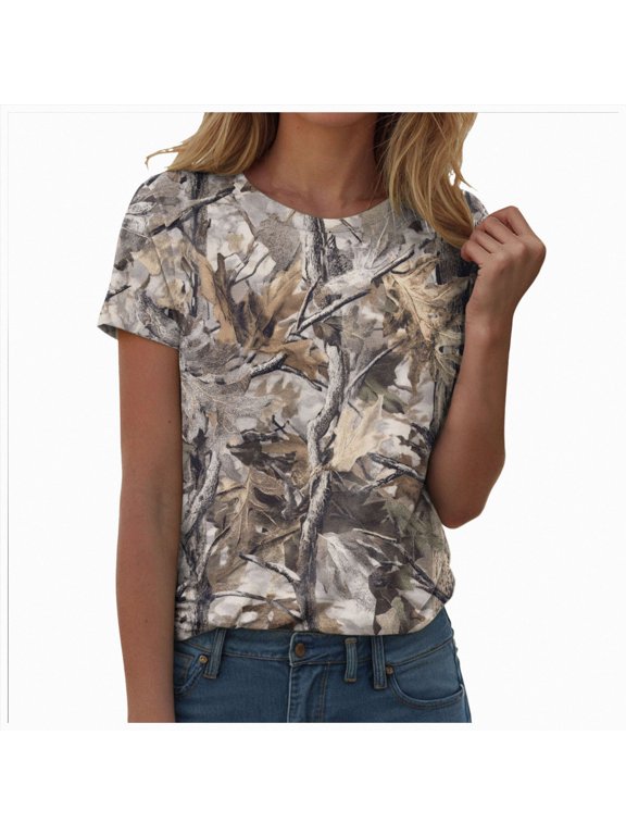 Womens Camo Shirt Summer Graphic Tee Crewneck Short Sleeve Oversized Maple Leaf Camouflage Print Tops
