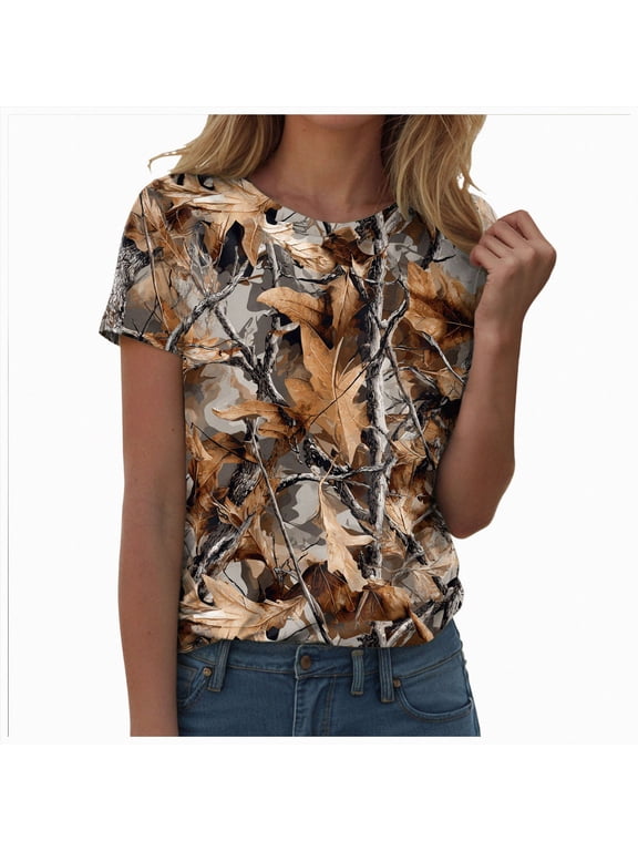 Womens Camo Shirt Summer Graphic Tee Crewneck Short Sleeve Oversized Maple Leaf Camouflage Print Tops