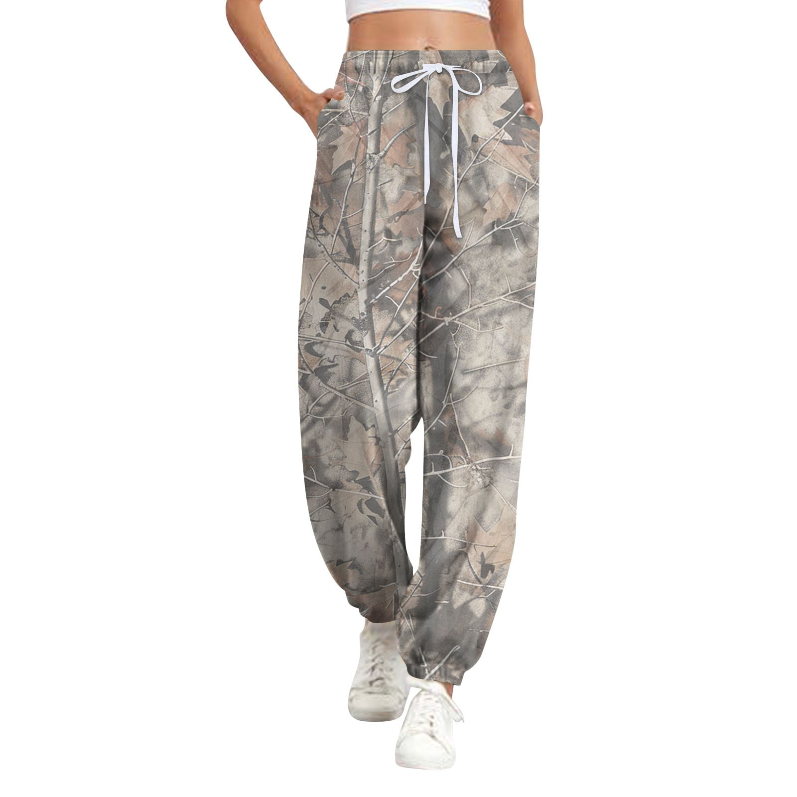 Women s Camo Sweatpants Drawstring High Waisted Workout Trousers Maple Leaf Print Lounge Pants Wide Leg Active Joggers Pants with Pockets light gray Small Walmart