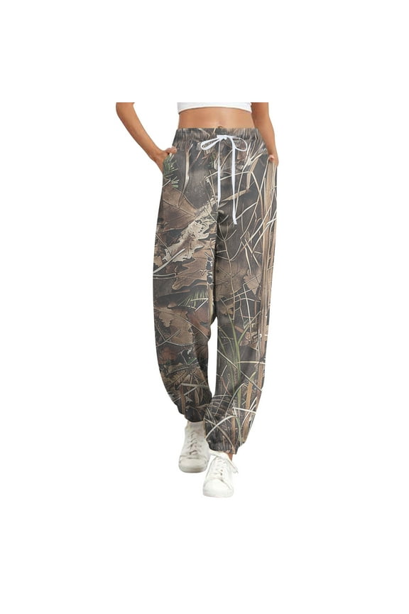 Womens Camo Sweatpants Drawstring High Waisted Lounge Pants Maple Leaf Print Active Joggers Pants Wide Leg Workout Trousers with Pockets light brown Small