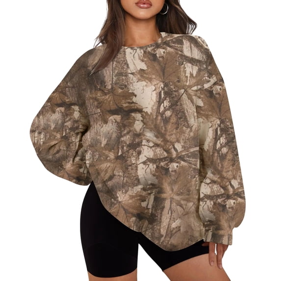 Womens Camo Sweatshirt Oversized Graphic Maple Leaf Print Crewneck Long Sleeve Y2k Trendy Fall Pullover Hoodies