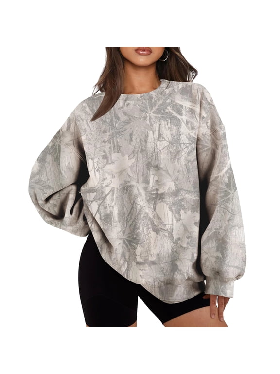 Womens Camo Sweatshirts Oversized Maple Leaf Pullover Casual Long Sleeve Tops Fall Fashion Outfits Clothes