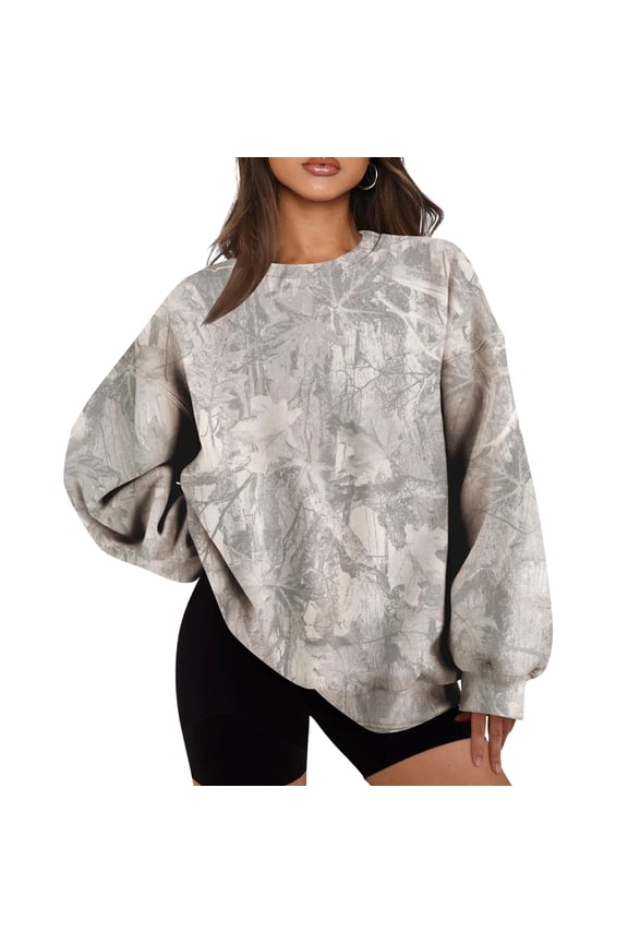 Womens Camo Sweatshirts Oversized Maple Leaf Pullover Casual Long Sleeve Tops Fall Fashion Outfits Clothes
