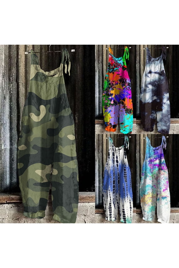 Womens Camo Tie Dye Print Overalls Adjustable Tie Strap Wide Leg Sleeveless Casual Loose Romper Jumpsuit Green 3XL