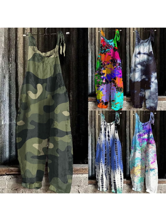 Womens Camo Tie Dye Print Overalls Adjustable Tie Strap Wide Leg Sleeveless Casual Loose Romper Jumpsuit Multicolor 2XL