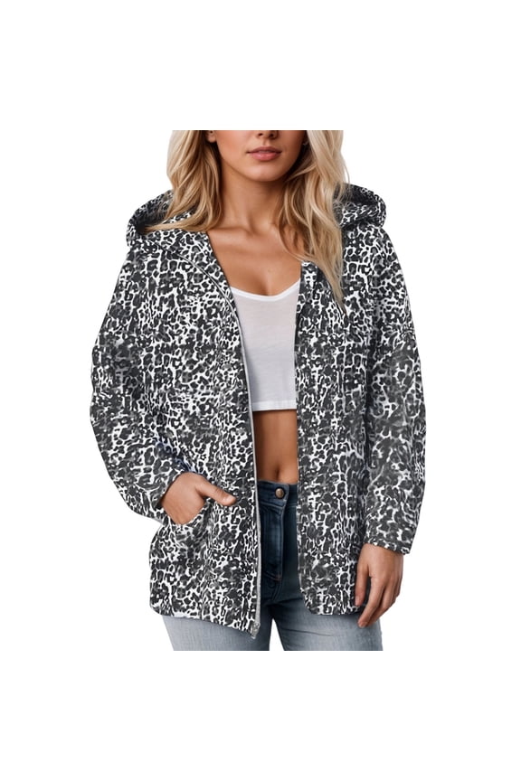 Womens Camo Zip Up Hoodie Oversized Sweatshirt with Pocket Leopard Print Heavy Outerwear Coat Black