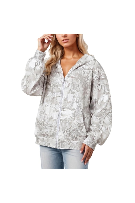 Womens Camo Zip Up Hoodies Fall Trendy Maple Leaf Graphic Long Sleeve Jackets with Pockets Lightweight Casual Loose Fit Coat